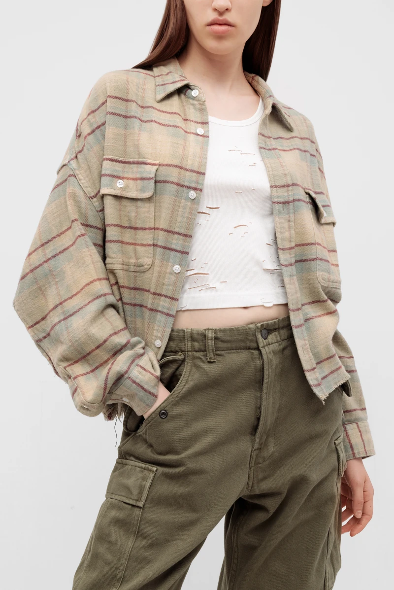 デリケット　3個 Рубашка R13 cropped workshirt bleached light blue plaid