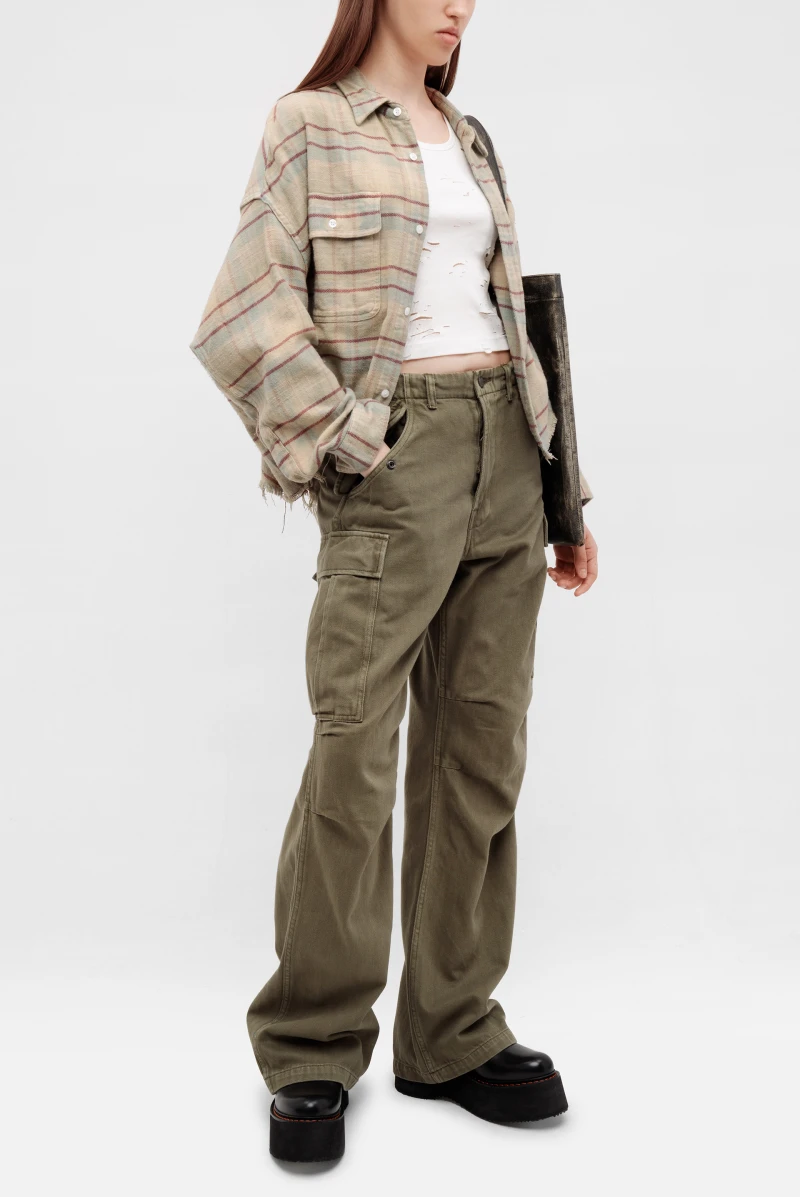 Рубашка R13 cropped workshirt bleached light blue plaid